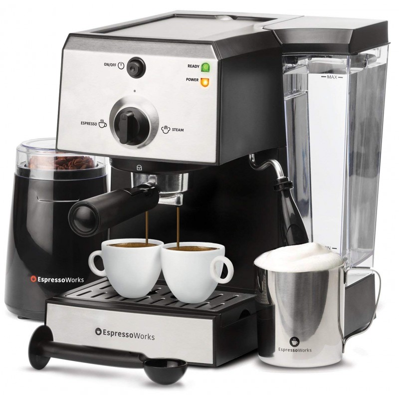 7 Pc All-In-One Espresso Machine & Cappuccino Maker Bundle Set w/Built-In Steam Wand (Inc: Coffee Bean Grinder, Portafilter, Frothing Cup, Spoon w/Tamper & 2 Cups), Stainless Steel 