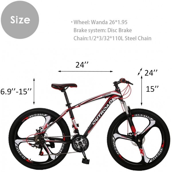 26-Inch 21-Speed Mountain Bike with Double Disc Brakes (Red, Orange)