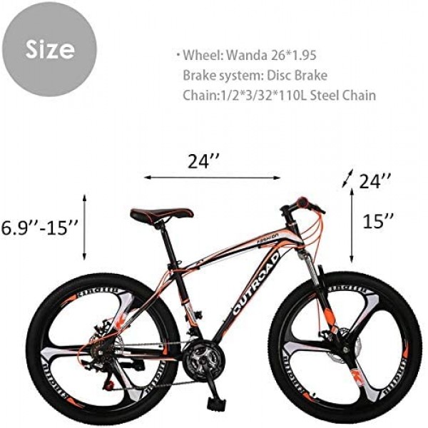 26-Inch 21-Speed Mountain Bike with Double Disc Brakes (Red, Orange)