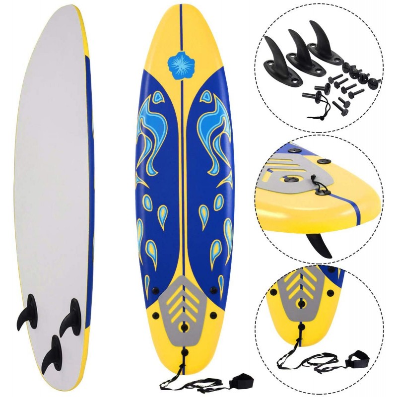 Yellow & Blue Foamie Surfboard with Removable Fins, Great Beginner Board for Kids and Adults