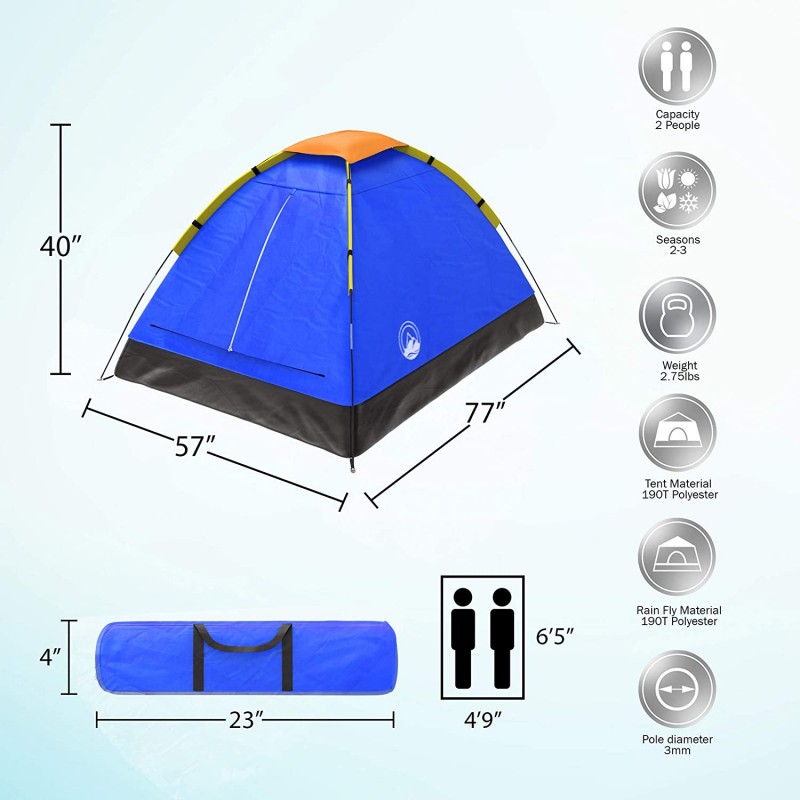 2-Person Dome Tent with Rain Fly and Carry Bag(Blue) 